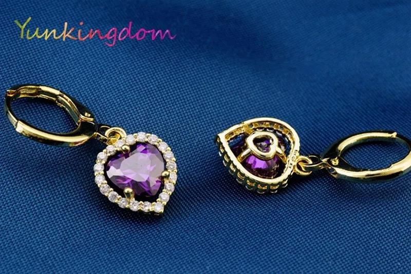 Yunkingdom модные романтические серьги в форме сердца с фиолетовыми кристаллами и кубическим цирконием для женщин ювелирные изделия оптом H0142