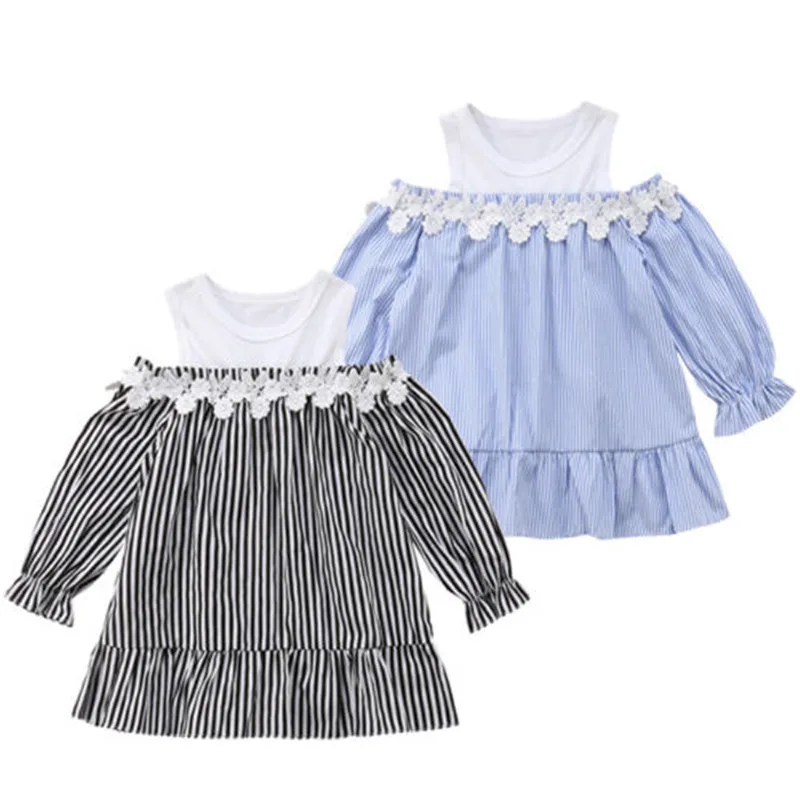 Spring Autumn Kid Girls Dress 2018 Casual Lace Flower Patchwork Off-shoulder Striped Dresses Children Long Sleeve Princess | Детская