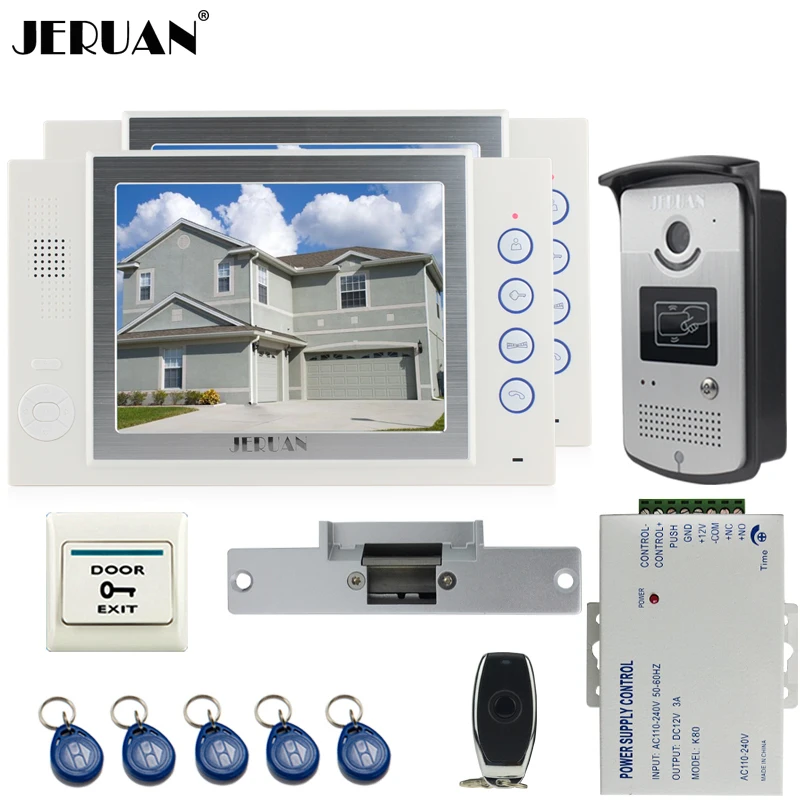 JERUAN 8`` TFT video door phone Record intercom system kit 2 house 700TVL RFID Access IR Night Vision Camera Cathode lock 8GB SD