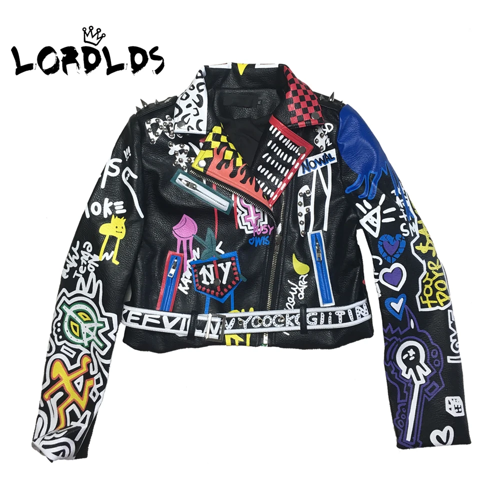 

LORDLDS 2019 Leather Jacket Women Graffiti Colorful Print Biker Jackets and Coats PUNK Streetwear Ladies clothes