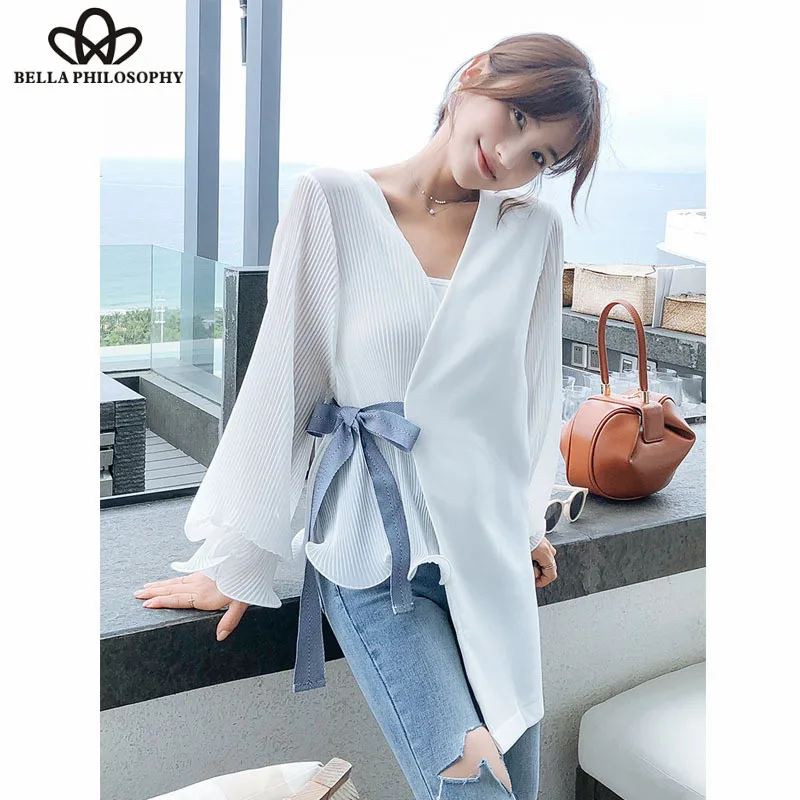Wonder 2019  Irregular Women Blouse Lace-Up Patchwork V Neck Harajuku Blusas Bow Elegante Office Lady Long Sleeve Cardigan Tops