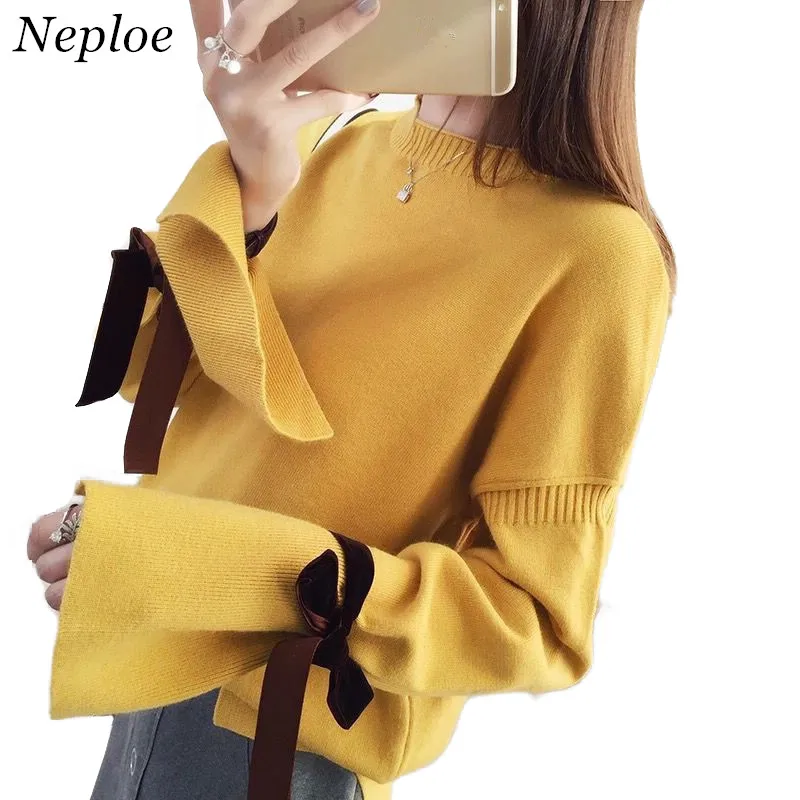 

Neploe 2017 Autumn Winter New Korean Women Lace Up Sweater Sweet Bow O neck Knitwear Solid Speaker Sleeves Knit Tops 65955