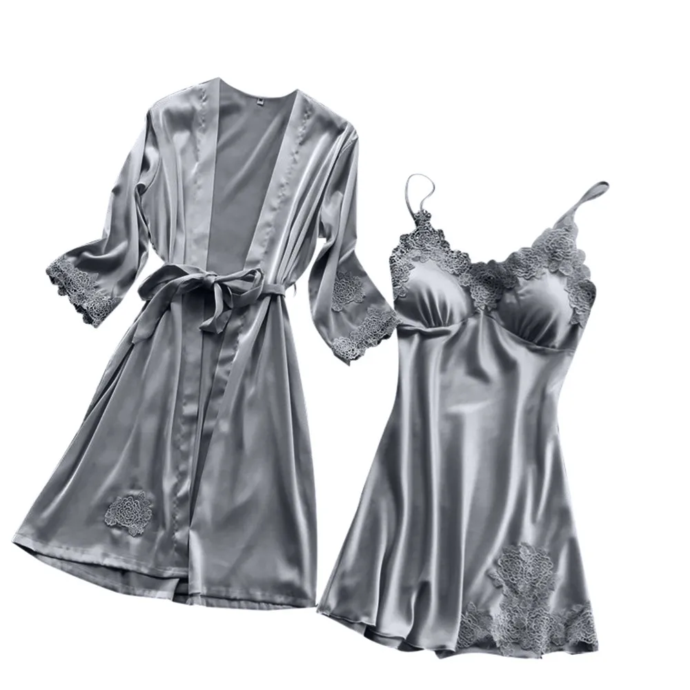 Черное сексуальное женское шелковое кружевное платье-халат ночная рубашка комплект ночного белья сексуальное эротическое нижнее белье новое нижнее белье - Цвет: Gray