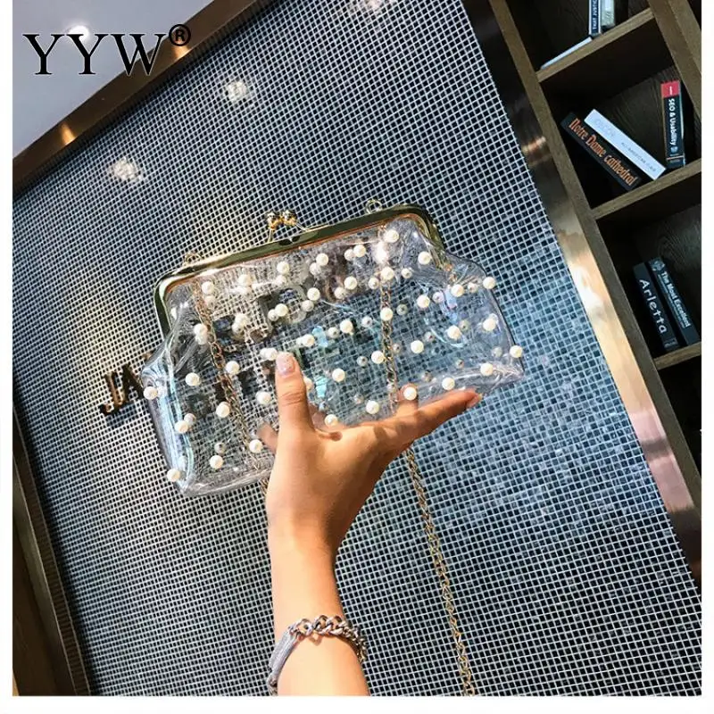 Pvc Transparent Clutch Bag Crossbody Shoulder Bags With Pearl Chain Women Day Clutches Wedding Party Evening Purse