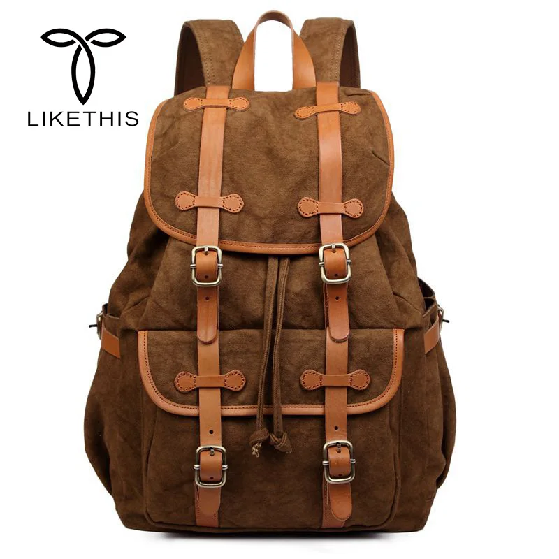 

New Fashion School Bags For Teenagers Men Vintage Women Bag Tree Skin Cream Leather With Canvas Backpack Drawstring Bag