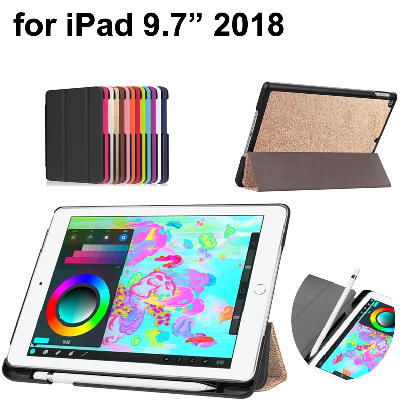 

For Apple iPad 9.7 2018 3 folds Stand Case Bag Shell Business Ultra thin Smart Cover Skin For iPad9.7 2017 with Pencil pen Tray
