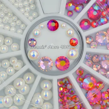 

Mix Sizes Glitter White AB Pearls Flatback Round Facets Diamond Nail Art Rhinestones Decorations Manicure DIY Wheel