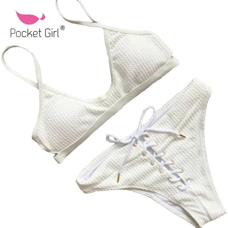 

Pocket Girl Solid White High Waist Bikini Push Up Swimwear 2017 Sexy Bikinis Lace Up Biquini Swimming Suit For Women Beachwear