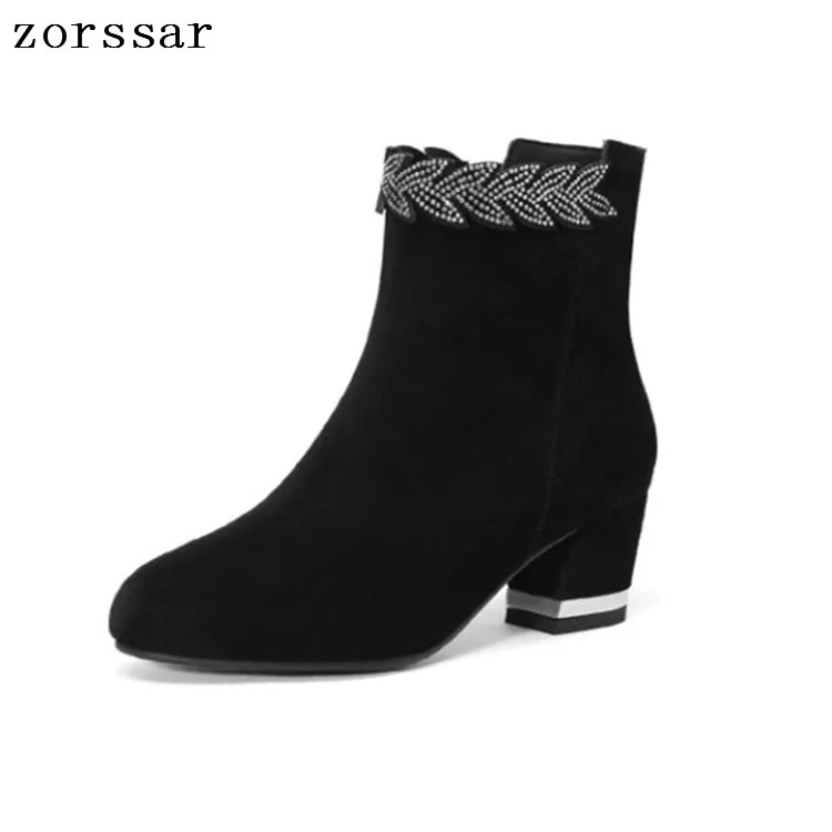 

{Zorssar} suede leather boots women ankle boots high heels fashion crystal Female shoes Winter fur snow boots big size boots