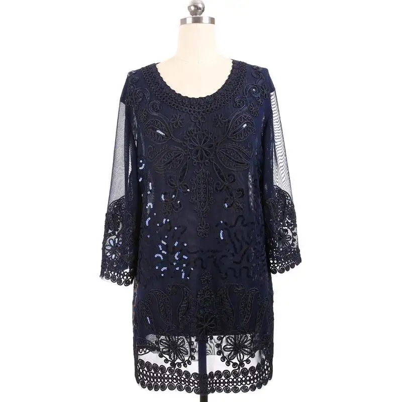 BLINGSTORY роскошный летний 1920s Ретро Женская блузка с вышивкой плюс размер Blusas женский топ 3XL-5XL KR3609 - Цвет: Тёмно-синий
