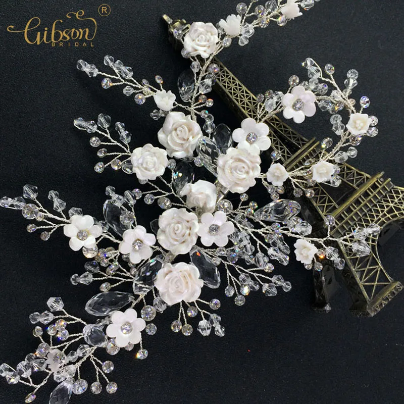 

Hair Accessory Women Headpiece Prom Crystal Porcelain Blossom Bridal Hair Side Clip Rhinestone Barrette Princess Holiday Decor
