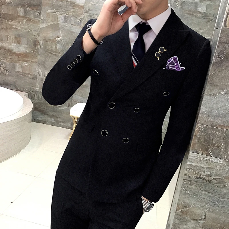 

( Jackets + Pants ) Solid Color Double Breasted Suit Groom Wedding Suits Men Dress Suit Dinner Party Prom Suit Formal Business