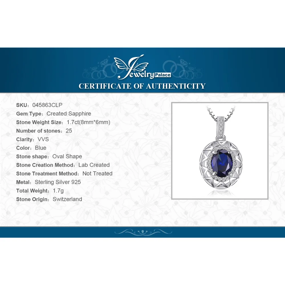 JewelryPalace Hot Sale Russian Design Real Blue Sapphire Pendant Solid 925 Sterling Solid Silver Amazing Jewelry No Chain