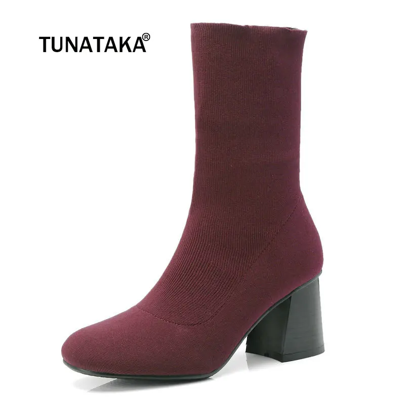 

Lady Knitting Comfort Square Heel Sock Ankle Boots Fashion Slip On Round Toe Fall Winter Bootie Black Wine Red