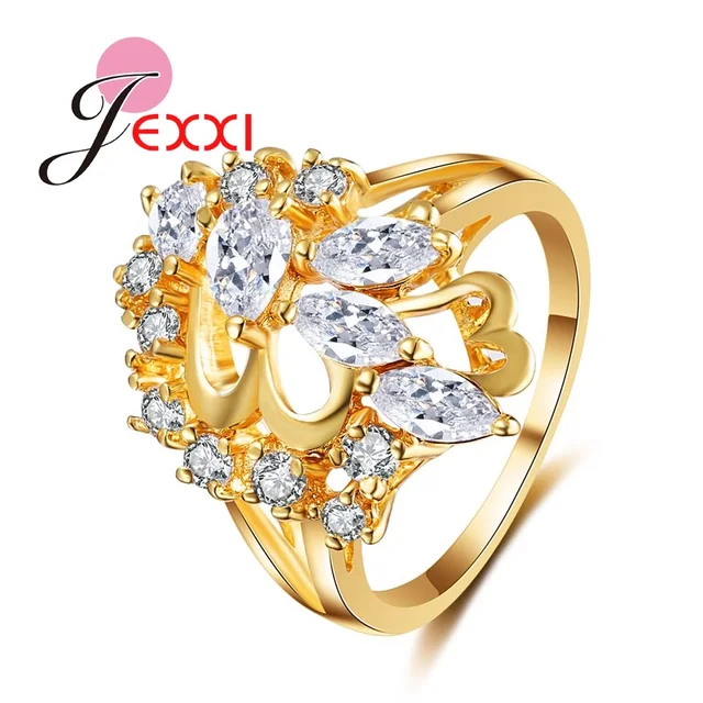 JEXXI Leaves Style  Gold Filled Rings For Women Cubic Zirconia Crystal Ring Luxury Wedding Fashion Jewelry Engagement Rings