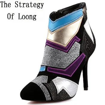 

Women Summer Sexy Thin High Heel Genuine Leather Rhinestone Pointed Toe Ankle Boots Lady Crystal Colored Short Boots SXQ0805