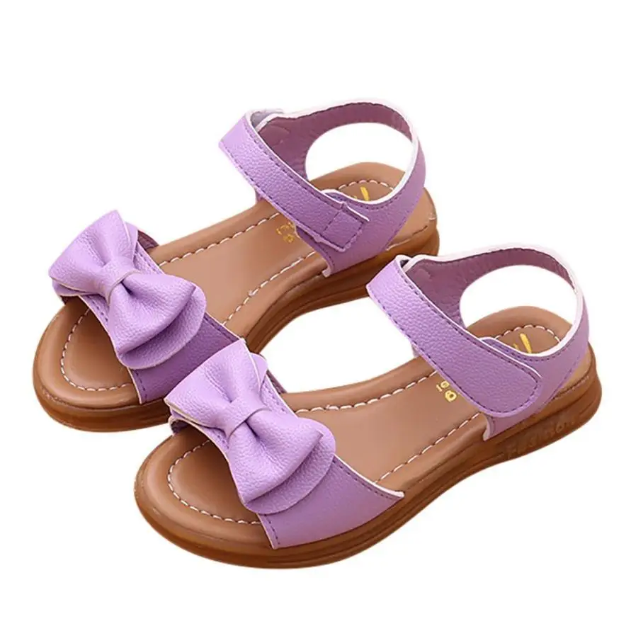 Новые детские сандалии для девочек из искусственной кожи, для детей's; босоножки для девушек; на нескользящей подошве с бантом; туфли принцессы для девочек Летняя обувь - Цвет: Purple