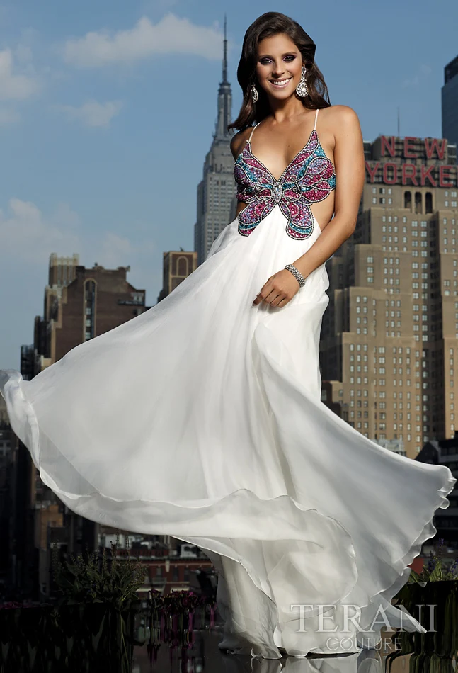 E0480 Sexy spaghetti straps sequin beaded backless butterfly prom