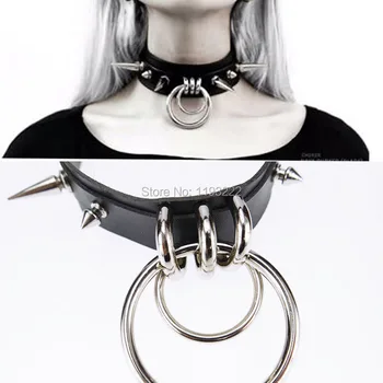 

Punk Gothic Handcrafted Metal Double O Round Spiked Spikes Layered Leather Collar Choker Necklace