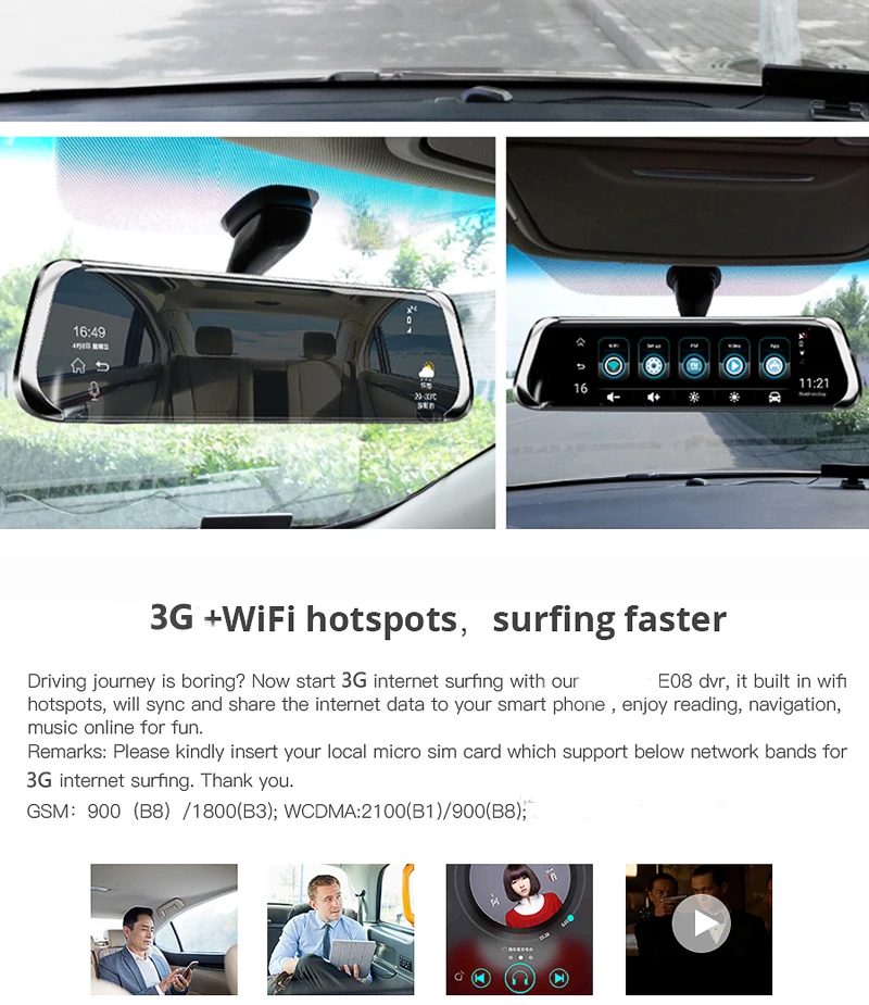 Dashcam 3g Wi-Fi 10 дюймов Сенсорный экран HD 1080 P Видеорегистраторы для автомобилей Зеркало заднего вида gps навигация, Bluetooth, FM радио, Двойной объектив автомобиля Регистраторы