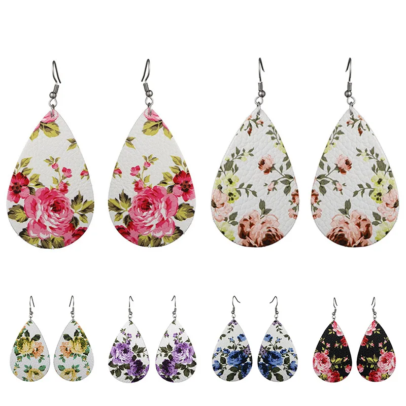 

11 Colors Water Drop PU 2018 New Arrival Unique Exquesite Rose Flower Leather Gifts 1Pair Beautiful Allergy Free Print Earring