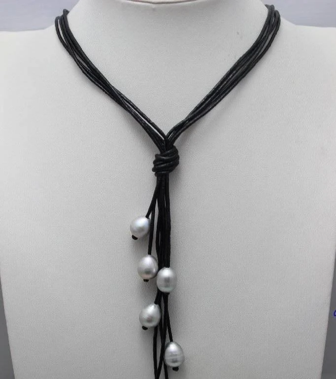 

8bead Black Genuine Leather Gray Freshwater Pearl Necklace20 Beauty no metal a(5.18)