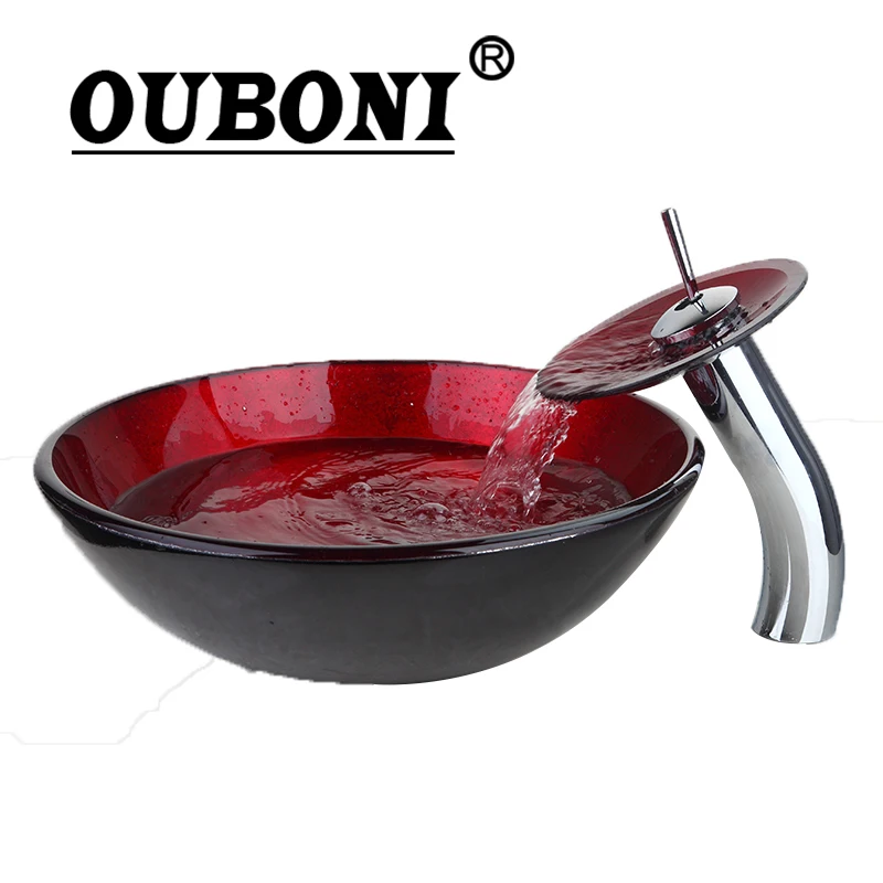 

OUBONI Red Artistic Style Basin Sink Vessel Vanity Waterfall Faucet Chrome Pop up Drain Basin Mixer Tap Set