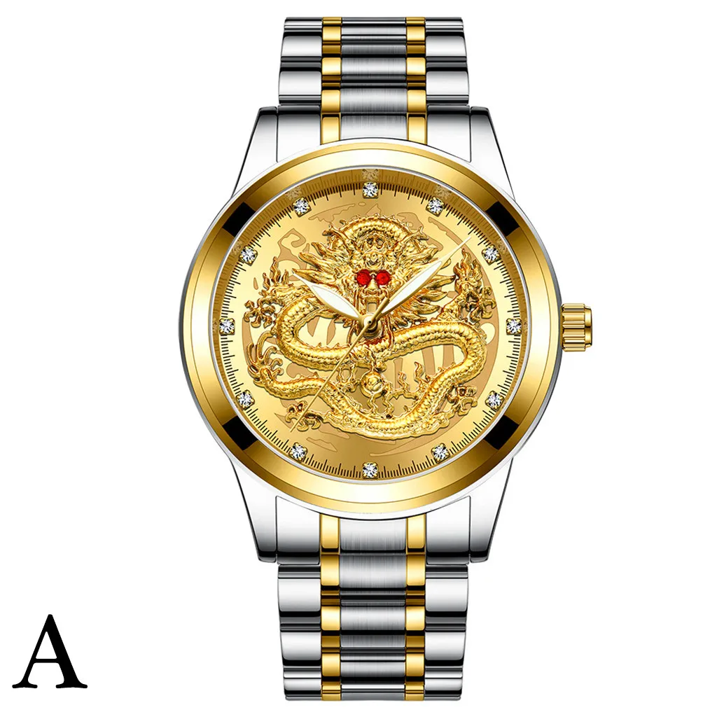 Fenzun тисненые золотые мужские часы с драконом мужские водонепроницаемые немеханические часы мужские модные часы с бриллиантовым рубиновым драконом - Цвет: A
