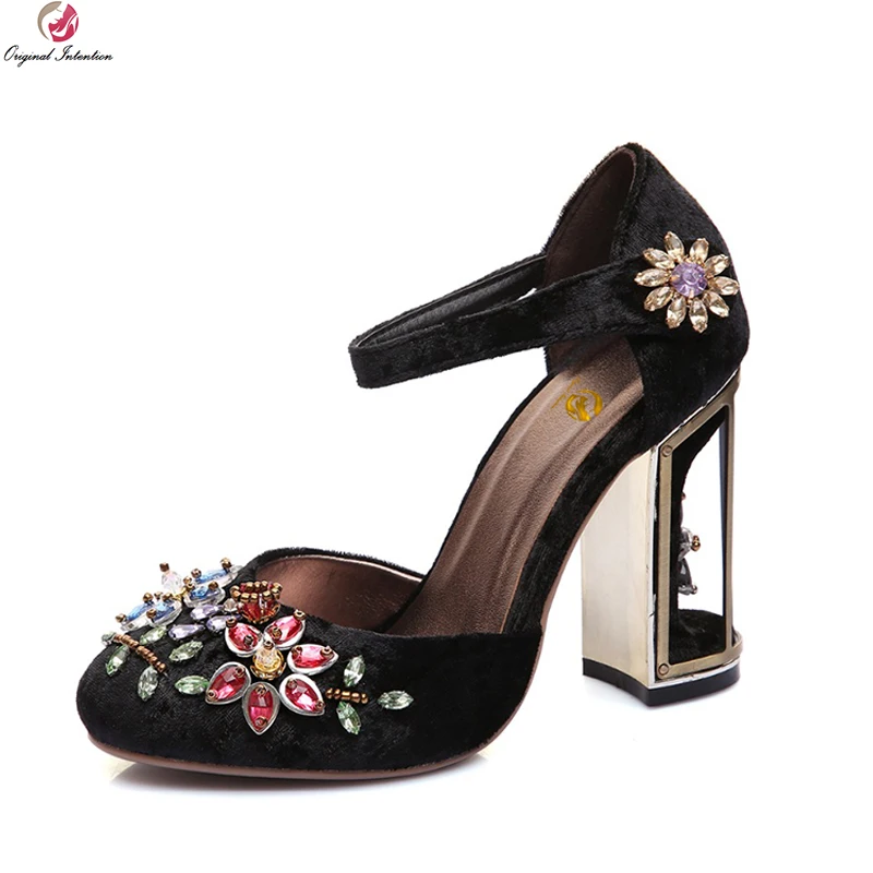 

Original Intention Gorgeous Women Sandals Stylish Round Toe Sqaure Heels Sandals Black Blue Red Shoes Woman US Size 3.5-9.5