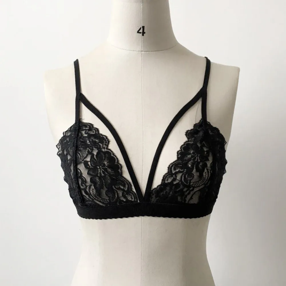 Women Lace Bra Tops Hollow Strappy Push Up Bra Cage Crop Top Bustier Vest GO