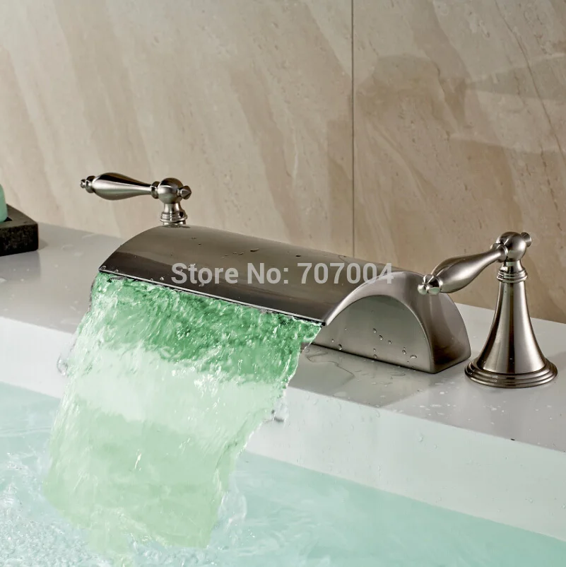 New Arrive 3 pcs Deck Mounted LED 3 Colors Basin Faucet Dual Handles Brushed Nickel LED