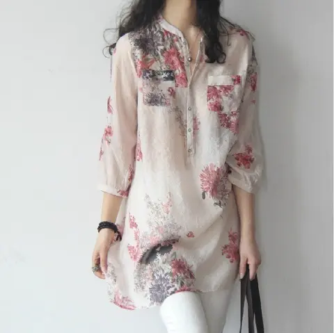 Topos e Blusas com Decote em v Topo de Manga Novo Camisas Femininas Floral Impressão Blusa Vintage Roupas Longa Verão Tamanho Grande Completo 2020
