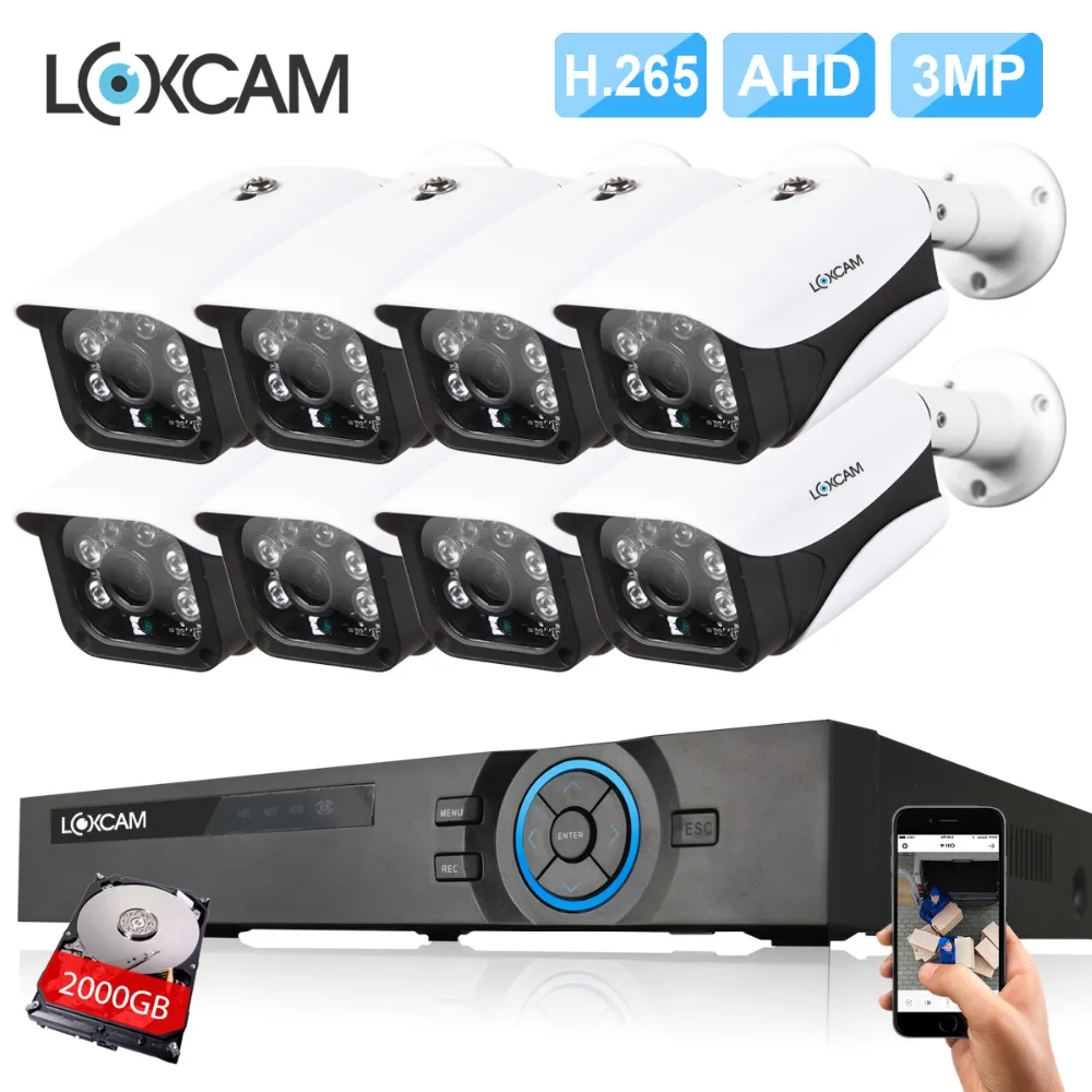 

LOXCAM H.265+ 8CH 4MP DVR System 8x3MP 2048x1536p IP66 outdoor waterproof Camera Security kit Video Surveillance system HDMI P2P