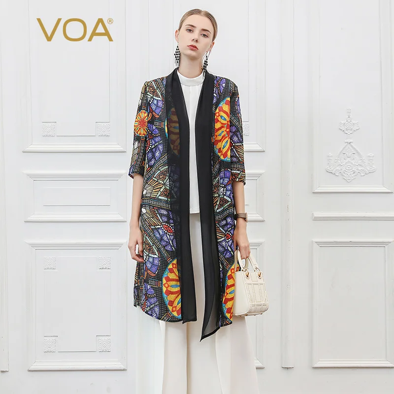

VOA 100% Silk Cardigan Summer Coats Office Ladies Women Clothing Korean Fashion Clothes Print Thin Trench Coats Casual B638