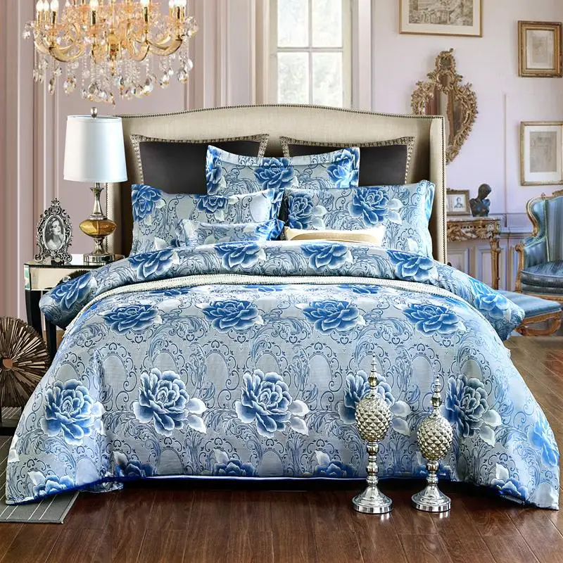 

Sliver Golden Luxury Satin Jacquard bedding sets Embroidery bed set duvet cover bed sheet set pillowcase multi color optional#/