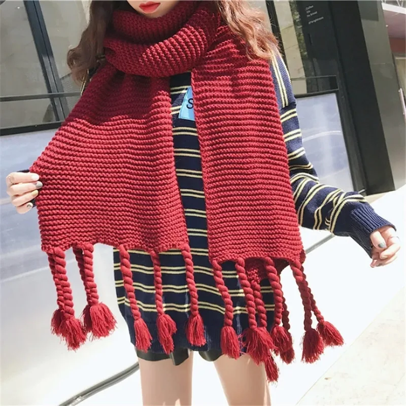 

Winter Rough Thread Hand-knitted Solid Color Tassel Scarf For Women Plus Knitted Braid Large Scarves Shawls 220cm