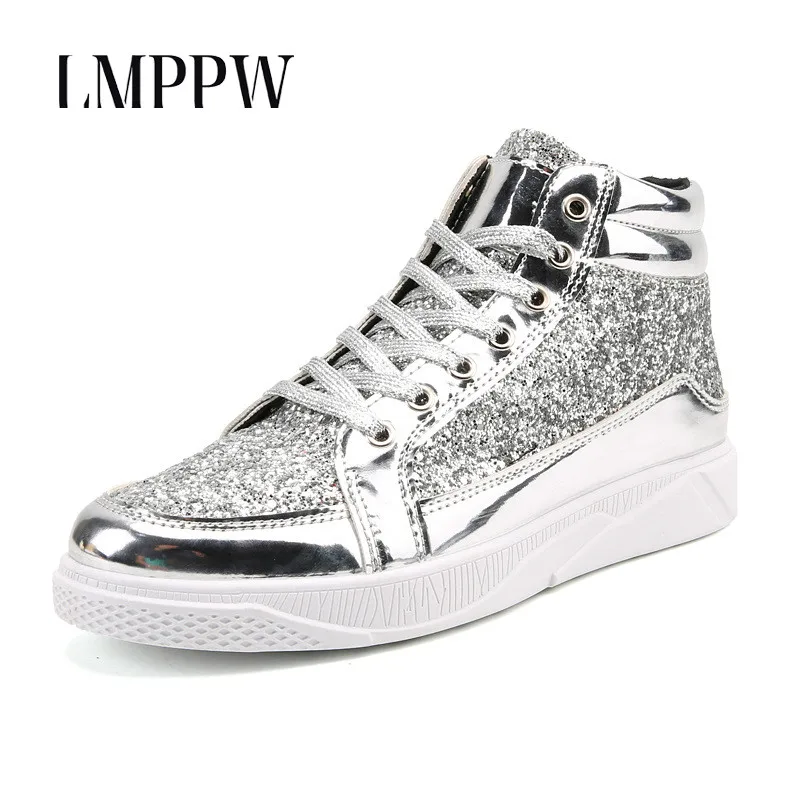 

Fashion High Top Casual Shoes for Men Pu Leather Chunky Sneakers Sequins Flat Boots Breathable Comfortable Gold Sliver Black