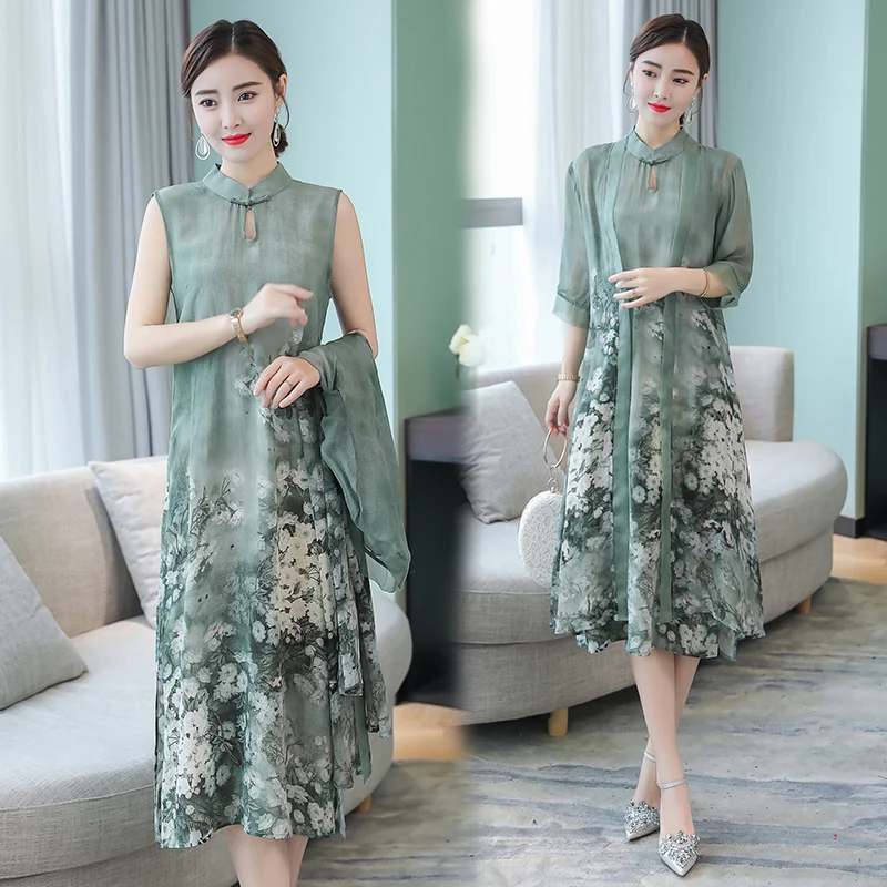 

Green Silk 2 piece set a line dress suits plus size women summer Chinese style vintage party midi dress with caridgan clothing