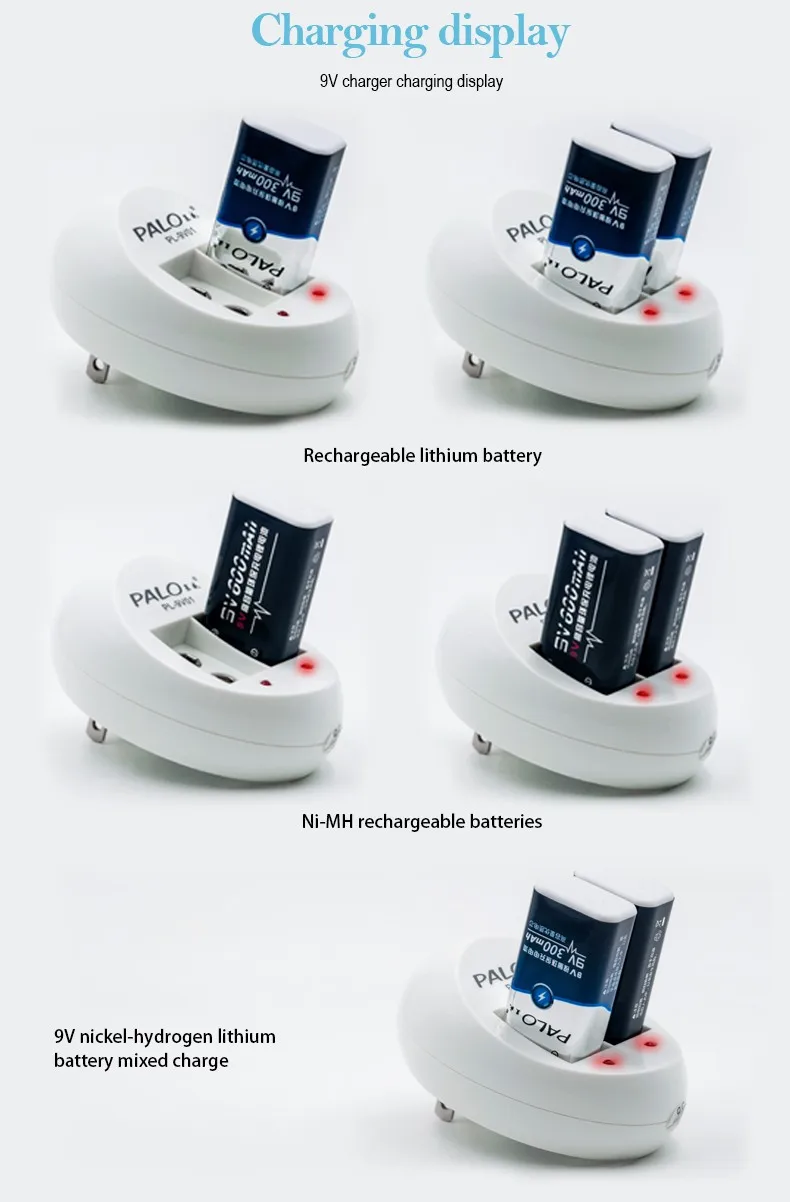 PALO зарядное устройство для 6F22 9V NiCd NiMh аккумуляторы+ 4 шт 9V 300mAh Ni-MH аккумуляторы