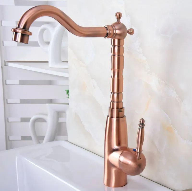Antique Red Copper Brass Single Lever Handle Bathroom Kitchen Basin Sink Faucet Mixer Tap Swivel Spout Deck Mounted mnf636