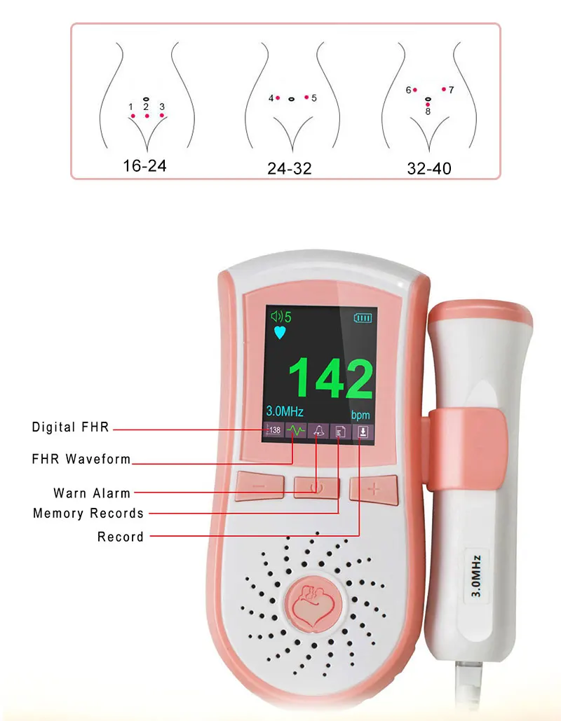 Карманный фетальный допплер пренатальный монитор для детского сердца 3 МГц зонд двойной интерфейс дисплей цветной ЖК-дисплей 2 шт