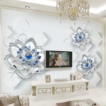 

Photo Wallpaper 3D Embossed Blue Flowers Pearls And Jewels Murals Living Room Bedroom Eco-Friendly Home Decor Papel De Parede 3D
