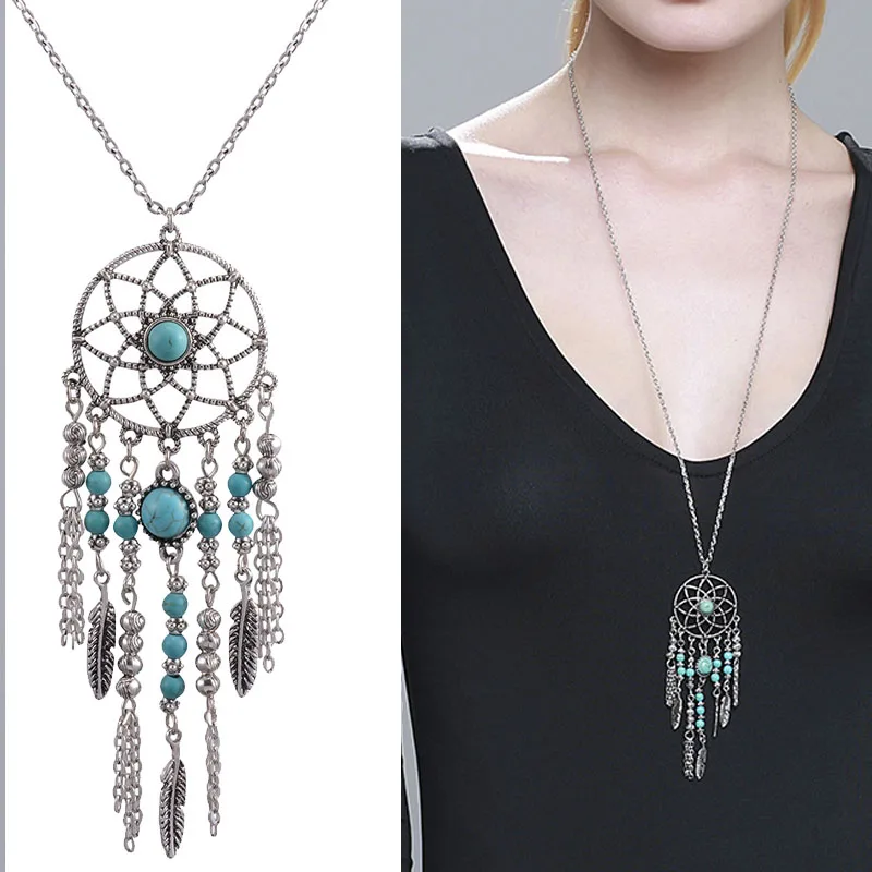 

Sale 1Pc Dreamcatcher Pendants Necklace Fringe Plume Long Sweater Chain Fashion Jewelry Gift