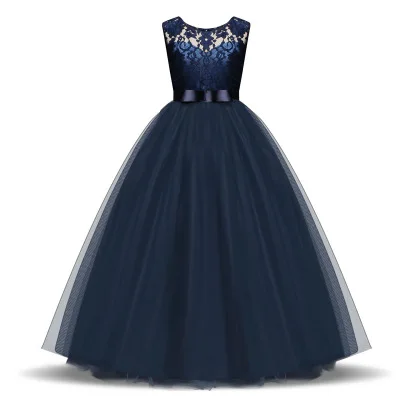 Платья принцессы с цветочной вышивкой для девочек; модные новые винтажные Детские платья для свадебной вечеринки; хлопковая кружевная детская одежда - Цвет: Navy001