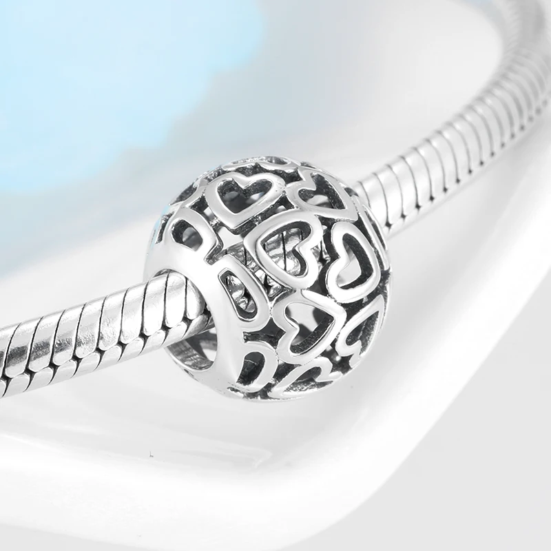 Круглые ажурные бусины в форме сердечек, подходят для подлинного браслета Pandora, серебряные 925, подвески, оригинальные, сделай сам, изготовление ювелирных изделий