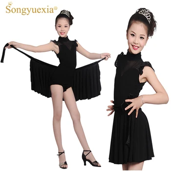 

2017 Songyuexia Girls modern dance costumes children dance wear short sleeved Latin dance clothes skirt lace skirt