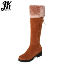 JK/зимние сапоги; женские сапоги до колена с плюшевой подкладкой; зимние сапоги на молнии; обувь на платформе и не сужающемся книзу массивном каблуке; большие размеры 32-44