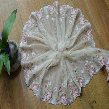 

Free shiping 20cm width(5yds/lot)white mesh pink silk flower Embroidery lace trim for garments and wedding decoration-201671702