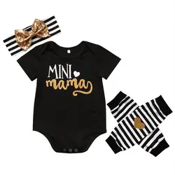 Mini Mama/одежда боди с надписью для новорожденных, комплект боди для маленьких девочек + гетры в полоску + повязка на голову, одежда