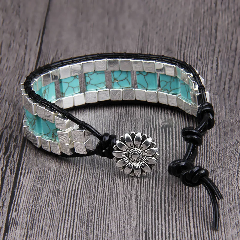 

Turquoises Bracelet Jewelry Handmade Blue Natural Stone Cube Beads Leather Wrap Bracelet Men Women Bracelets Droshipping